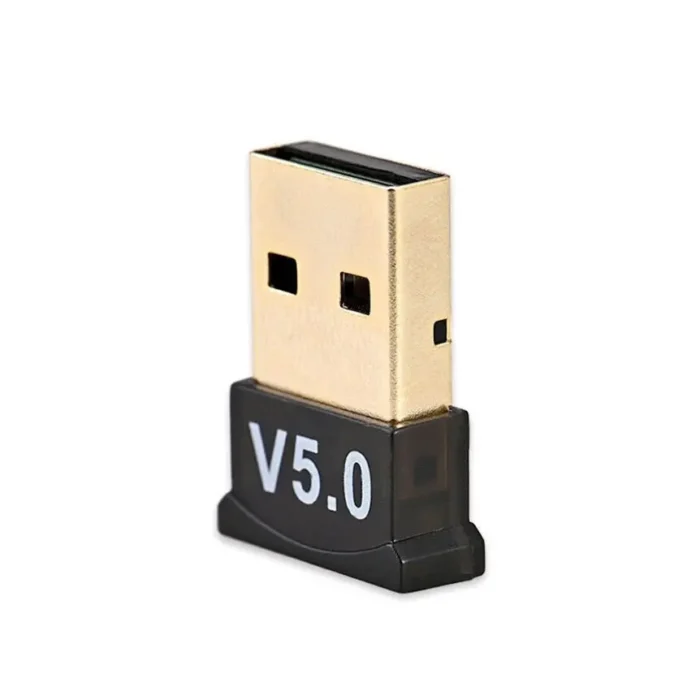 USB Bluetooth Adapter 5.0 plugged into a laptop USB port, enabling fast Bluetooth 5.0 connectivity for audio and devices.