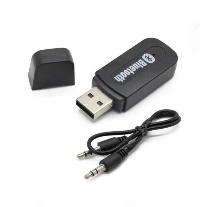 USB Car Bluetooth Receiver plugged into a car USB port, enabling wireless audio streaming via Bluetooth or AUX cable.