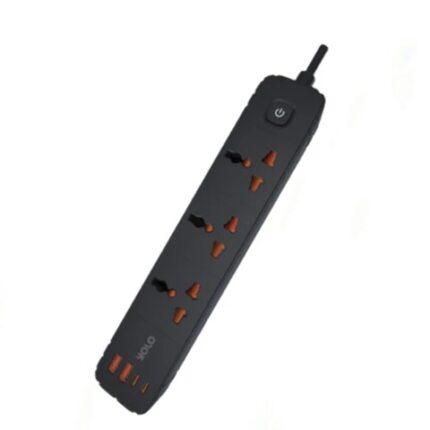 YOLO Y-901 Power Strip with 3 sockets, 2 USB-A, 2 Type-C ports, and 2m cord, a compact charger for home or travel use.