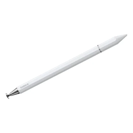 Baseus 3-in-1 Multifunctional Magnetic Stylus in Moon White, with ballpoint, fiber, and disc tips for iPads and Android tablets. (119 characters)
