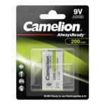 Camelion 9V Always Ready 200mAh Rechargeable Battery in green packaging, ideal for smoke detectors and multimeters.