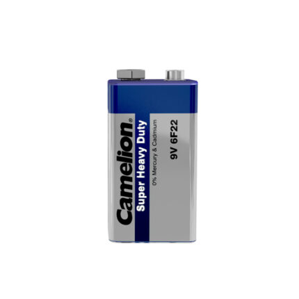 Camelion 9V Super Heavy Duty Battery in packaging, showing 9V label and icons for clocks, torches—reliable zinc-carbon power.