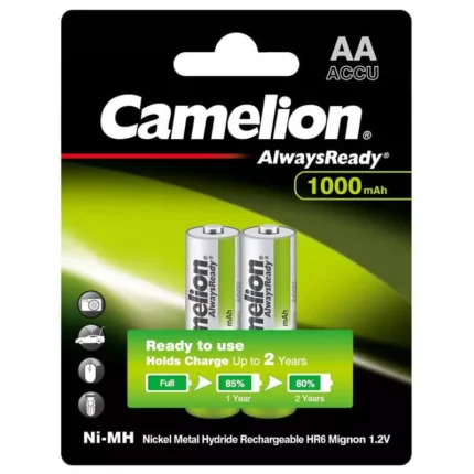 Pack of Camelion AA Always Ready 1000mAh Rechargeable Batteries in green packaging, perfect for toys and cameras.