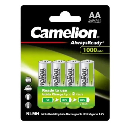 Pack of Camelion AA Always Ready 1000mAh Rechargeable Batteries in green packaging, perfect for toys and cameras.