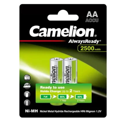 Camelion AA Always Ready 2500mAh Rechargeable Batteries in pack of 4, pre-charged Ni-MH for cameras, toys—eco-friendly power.