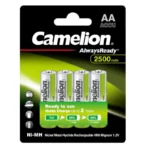 Camelion AA Always Ready 2500mAh Rechargeable Batteries in pack of 4, pre-charged Ni-MH for cameras, toys—eco-friendly power.