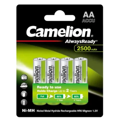 Camelion AA Always Ready 2500mAh Rechargeable Batteries in pack of 4, pre-charged Ni-MH for cameras, toys—eco-friendly power.
