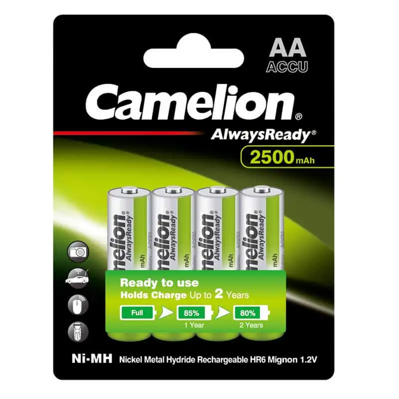 Camelion AA Always Ready 2500mAh Rechargeable Batteries (2) Camelion AA Always Ready 2500mAh Rechargeable Batteries in pack of 4, pre-charged Ni-MH for cameras, toys—eco-friendly power.