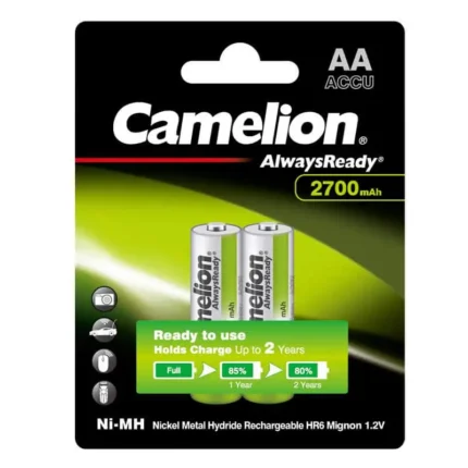 Pack of Camelion AA Always Ready 2700mAh Rechargeable Batteries in green packaging, ideal for cameras and toys.