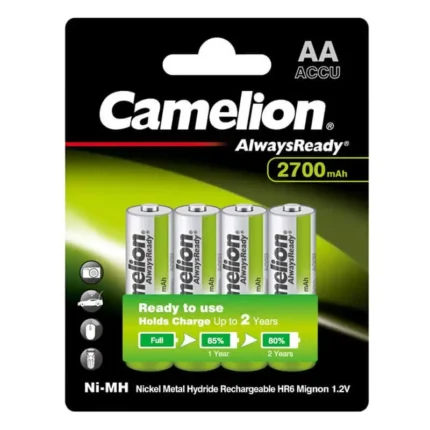 Pack of Camelion AA Always Ready 2700mAh Rechargeable Batteries in green packaging, ideal for cameras and toys.