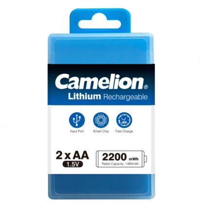 Camelion AA Lithium Rechargeable 2200mWh Batteries with Type-C charging port, offering 1300mAh capacity and 1.5V output.