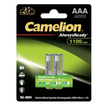 Pack of Camelion AAA Always Ready 1100mAh Rechargeable Batteries in green packaging, ideal for remotes and toys.