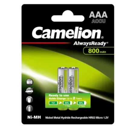 Pack of Camelion AAA Always Ready 800mAh Rechargeable Batteries in green packaging, perfect for toys and remotes.