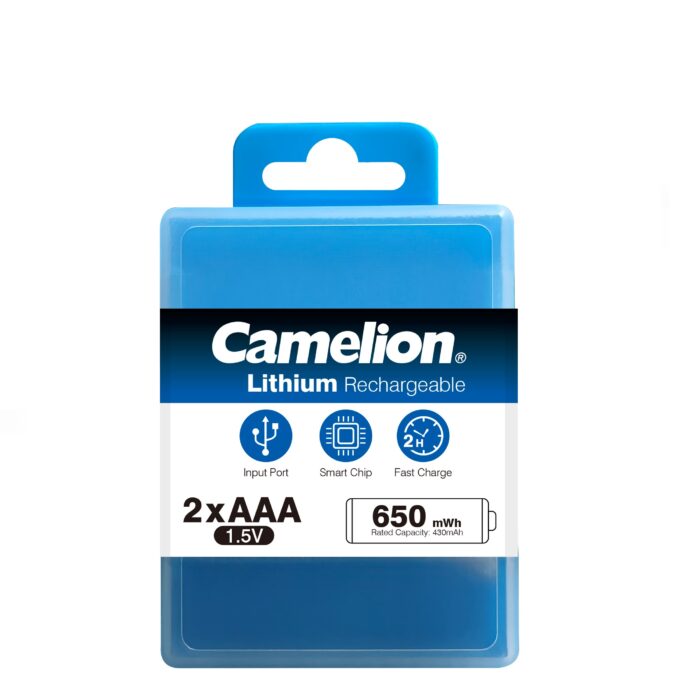 Camelion AAA Lithium Rechargeable 650mWh Batteries with Type-C port, offering 650mWh capacity and 1.5V for reliable power.