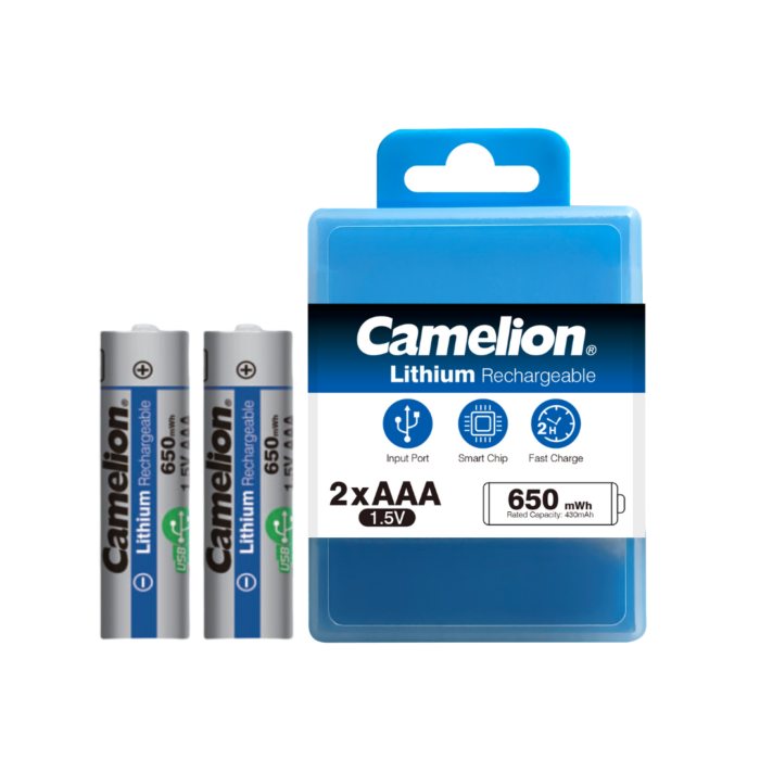 Camelion AAA Lithium Rechargeable 650mWh Batteries with Type-C port, offering 650mWh capacity and 1.5V for reliable power.