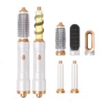 One Step 5 In 1 Hot Air Styler with attachments for curling, straightening, and volumizing hair, perfect for salon-quality styling.