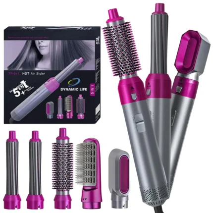 One Step 5 In 1 Hot Air Styler with attachments for curling, straightening, and volumizing hair, perfect for salon-quality styling.